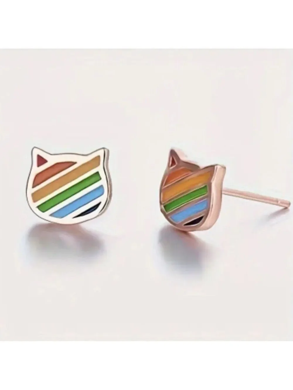 🌈 Earrings--Tiny Rainbow Kitty Face Posts, Rose Gold